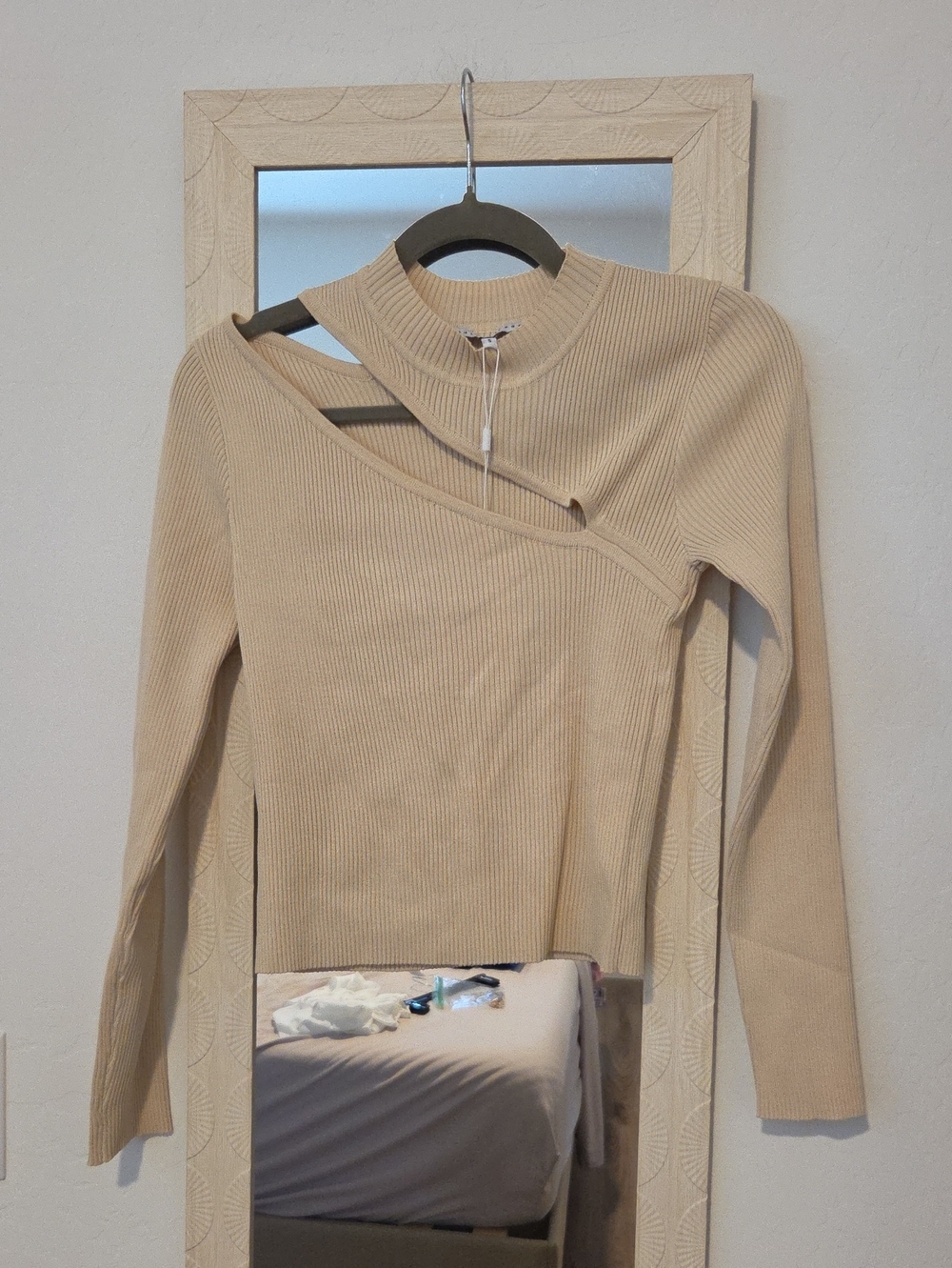 Endless Rose Beige Ribbed Cutout Turtleneck Sweater